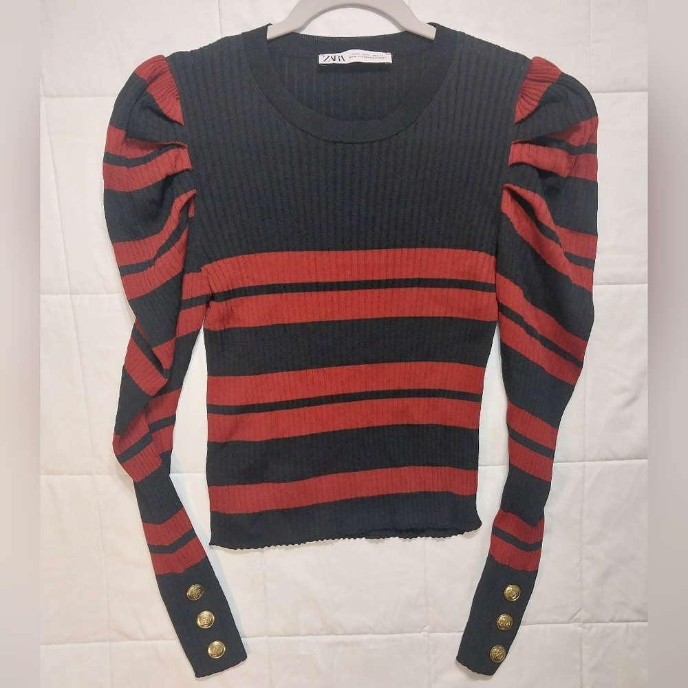 Zara Black and Red Striped Women's Top With Button Detail Size L